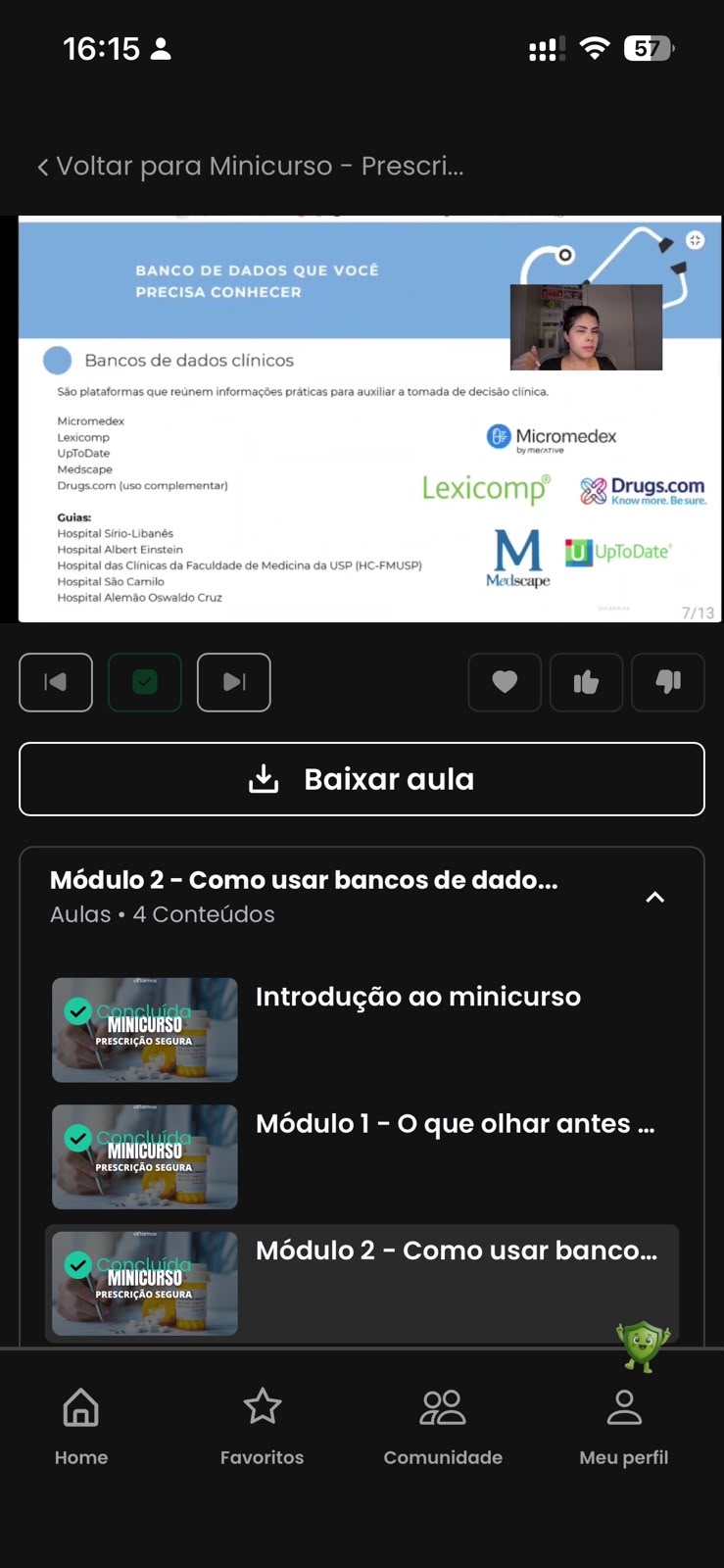 Tela do app com aula do Módulo 2 sobre bancos de dados clínicos