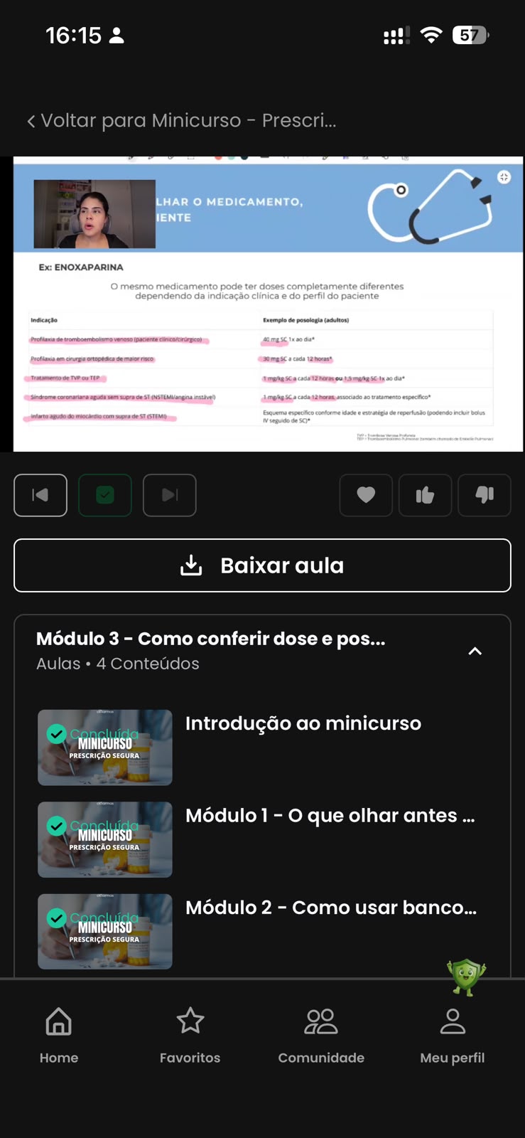 Tela do app com aula do Módulo 3 sobre conferência de dose e posologia