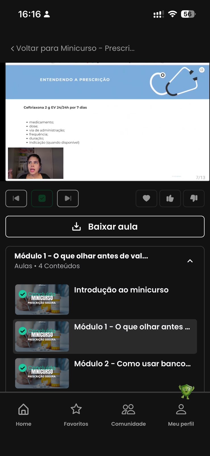Tela do app com aula do Módulo 1 sobre entender a prescrição